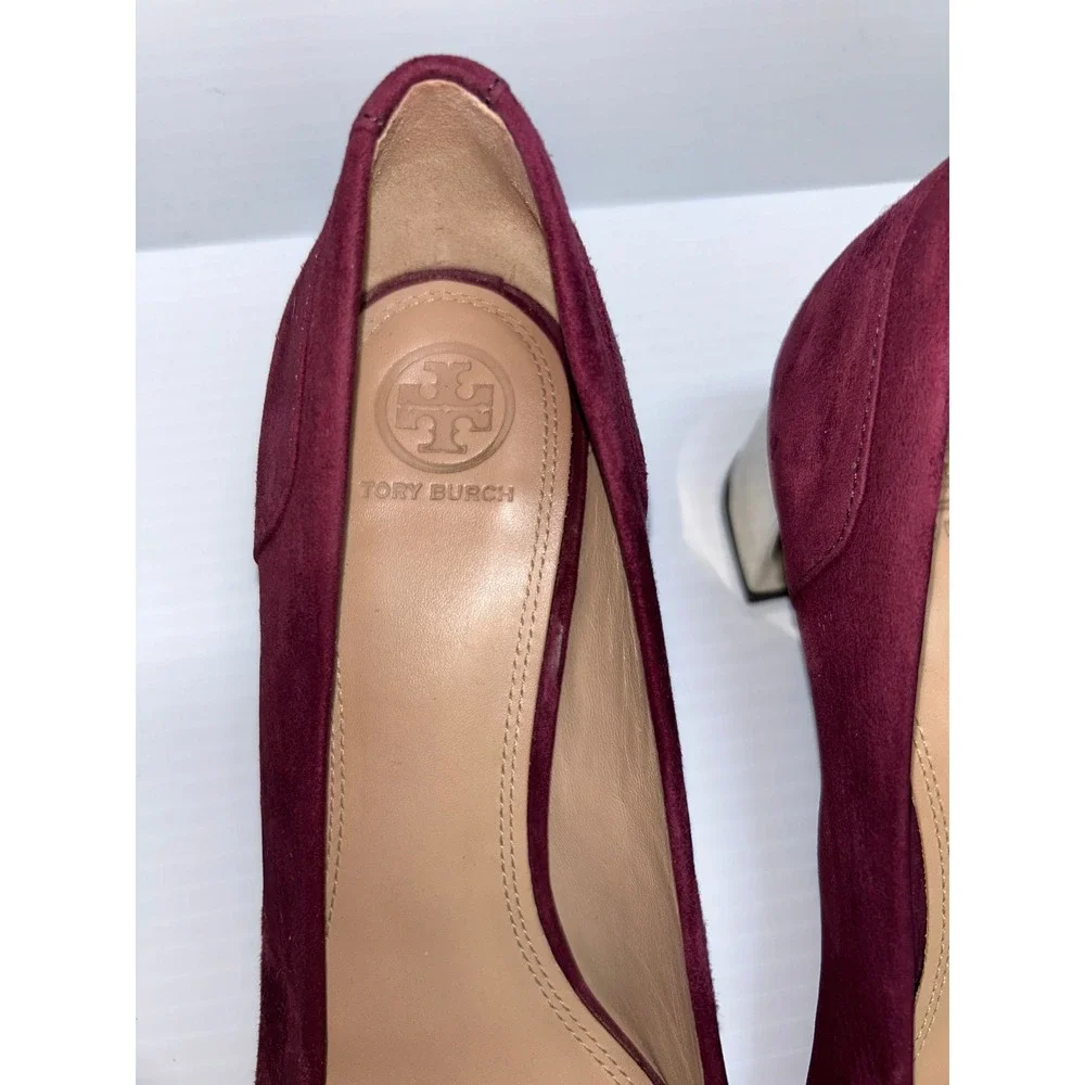 Tory Burch Gigi Burgundy Suede Gold Block Heel Round Toe Pumps Shoes Womens 9.5M